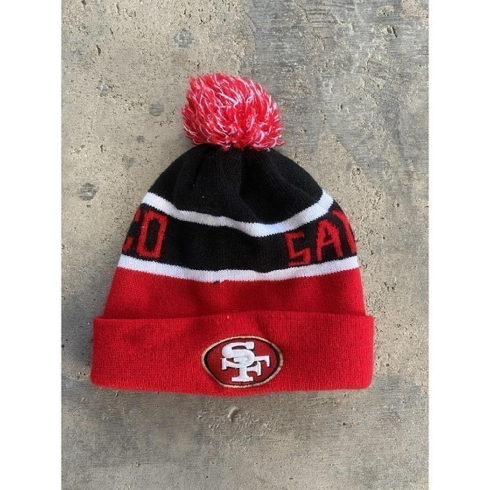 VTG Men's San Francisco 49ers New Era Scarlet Main Cuffed Knit Hat‎ with Pom Pom